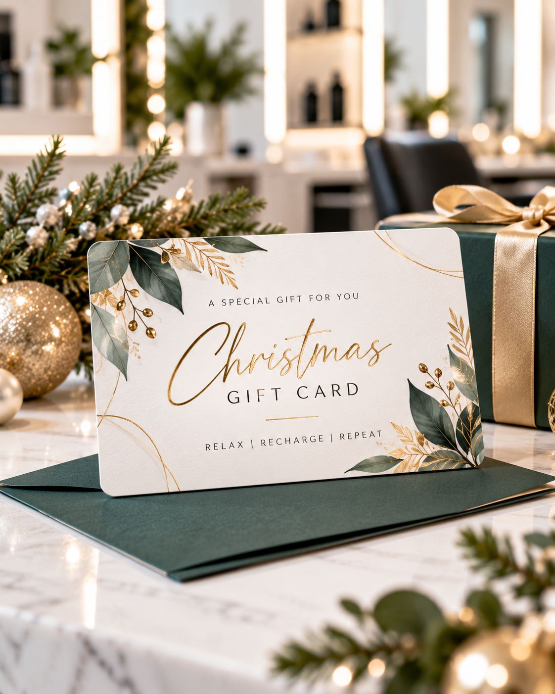 Luxury Christmas salon gift card displayed in a premium salon setting
