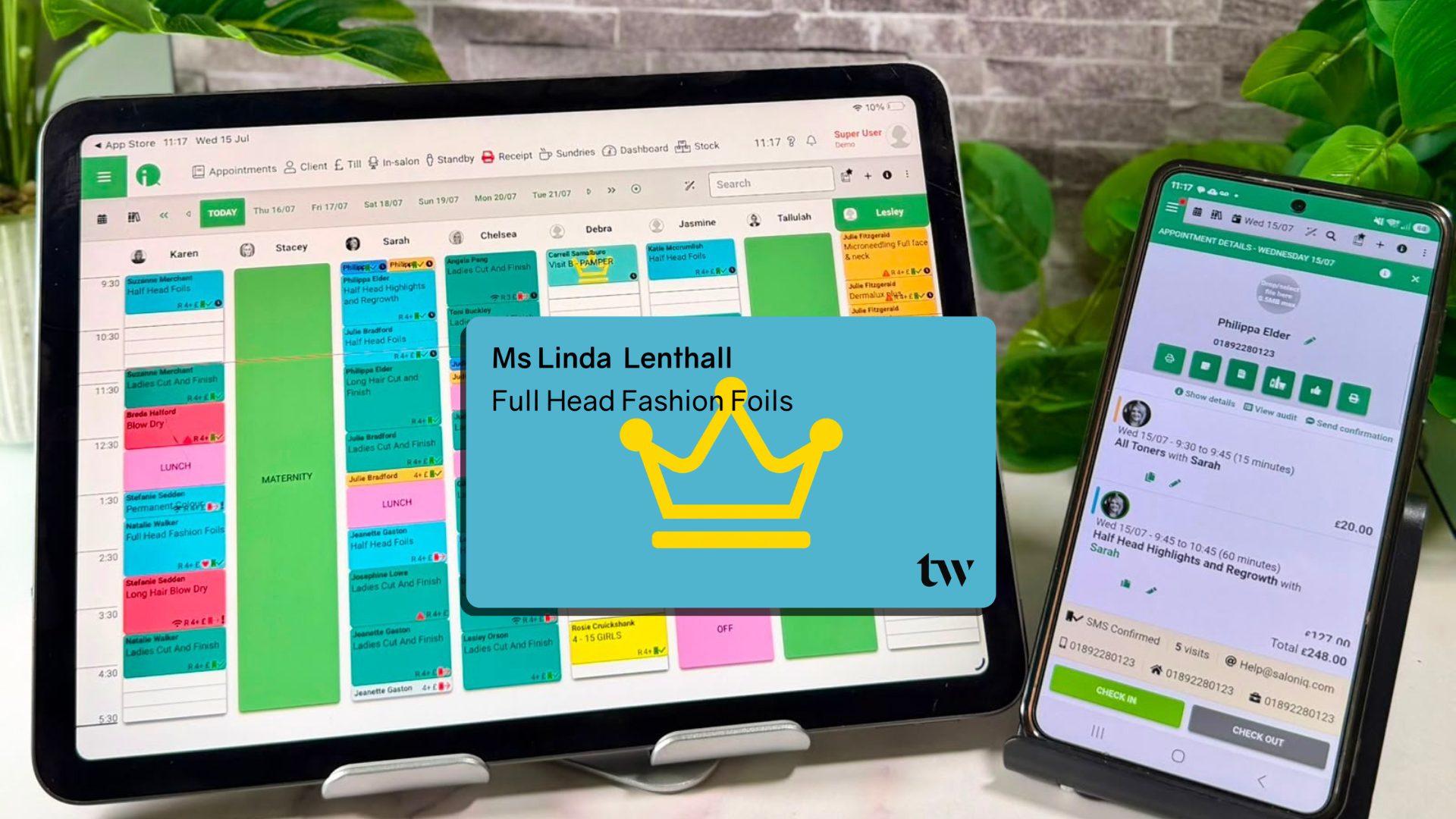 A Treatwell booking shown inside the SalonIQ appointment diary on a tablet